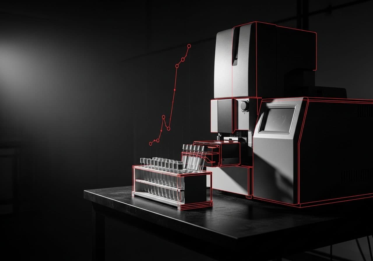 Laboratory analyser with its sample rack traced in a schematic overlay