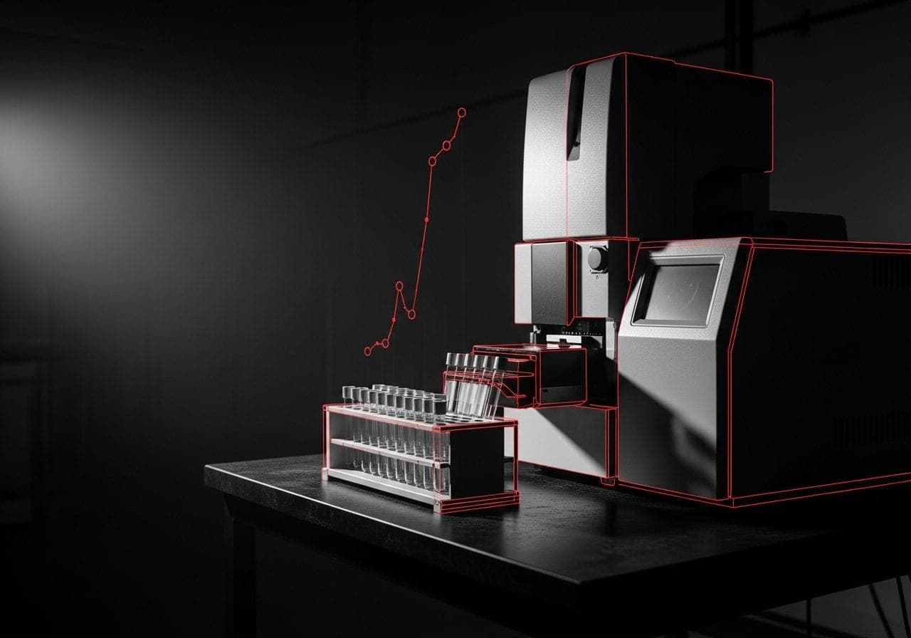 Laboratory analyser with its sample rack traced in a schematic overlay