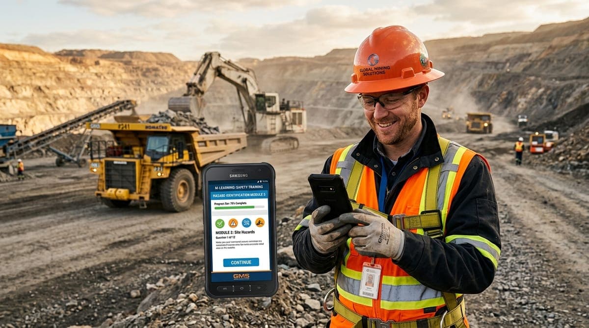 A mine worker taking a KNOWIKA safety module on a phone at an open pit