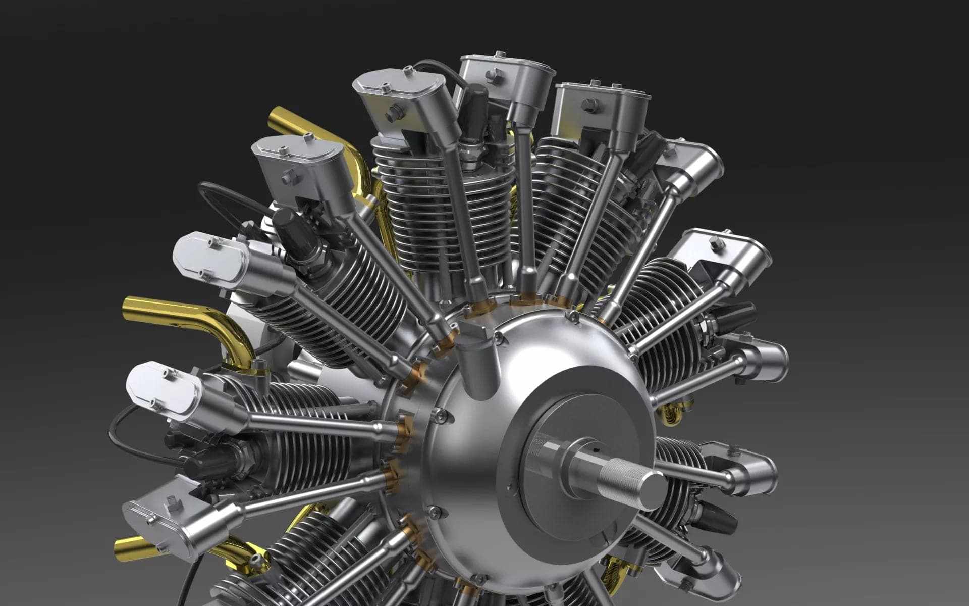 ROQED Mechanicum render of a radial engine, every cylinder and rod modelled as a separate part