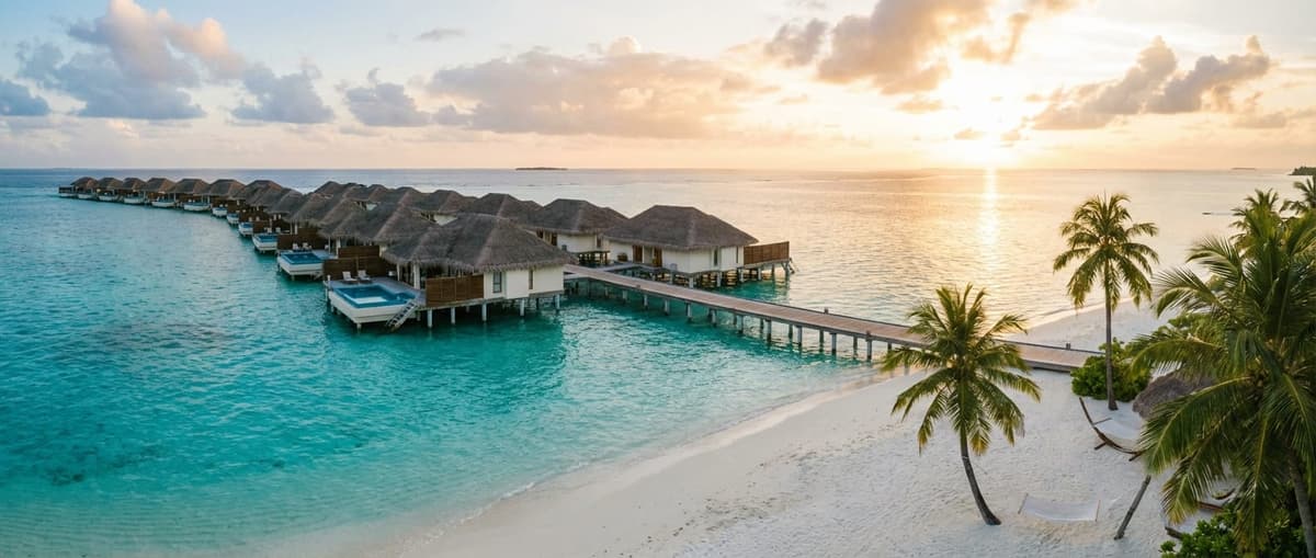 Over-water villas on a lagoon at sunset — a TURISTO destination