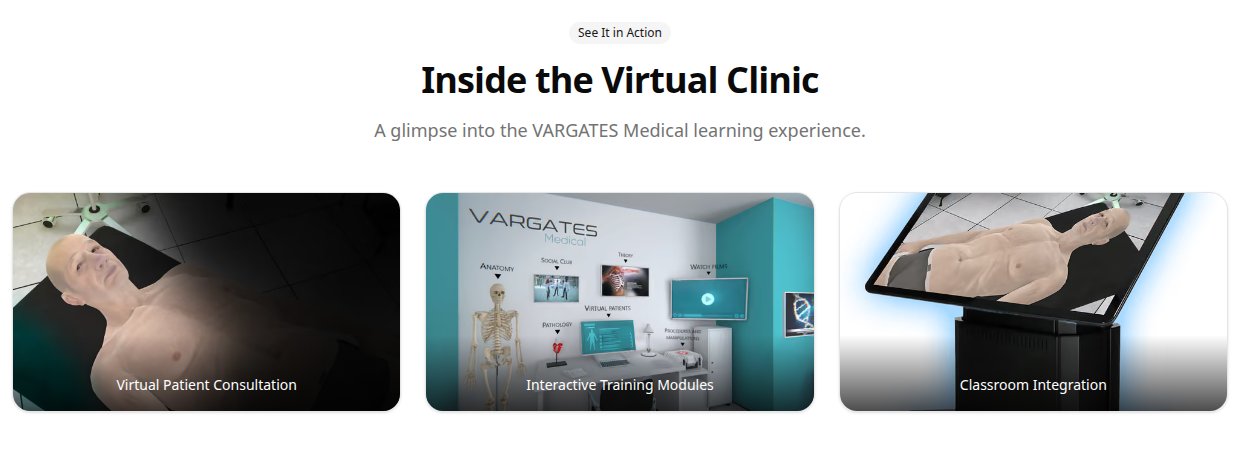 VARGATES Medical site section Inside the Virtual Clinic: virtual patient consultation, interactive training modules, classroom integration