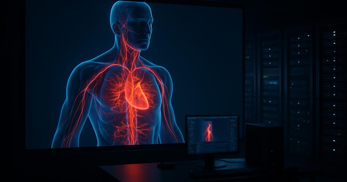 A 3D figure of the human circulatory system with the heart highlighted, shown on a large screen.