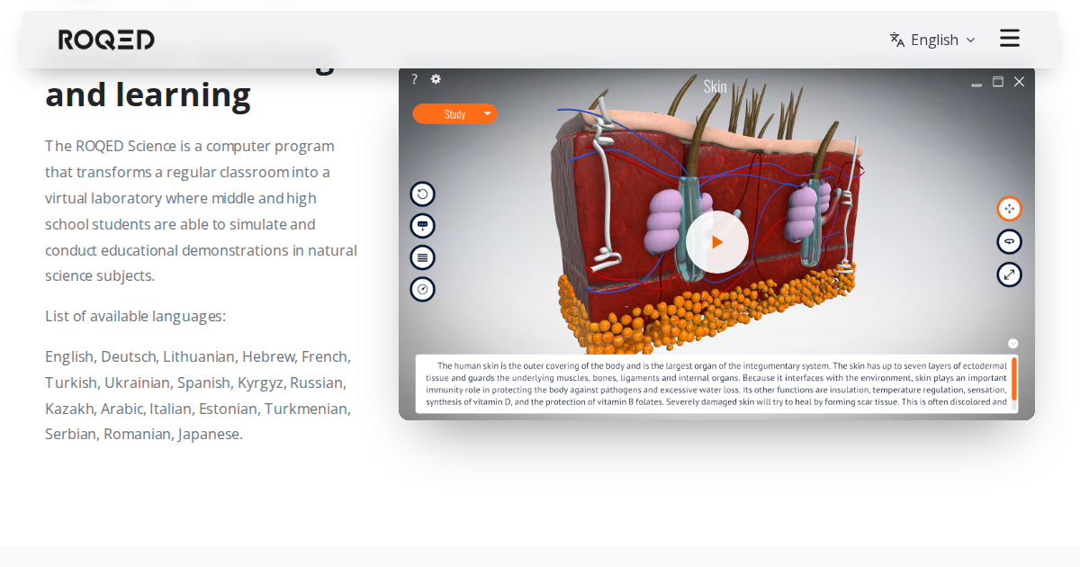 ROQED Science in Study mode: a 3D model of human skin with labelled layers and a description panel, next to the list of 18 available languages
