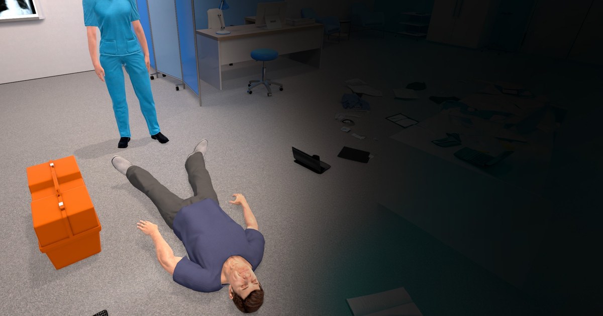 VARGATES Medical virtual clinic: a nurse in scrubs stands over a patient lying on the floor, an orange case beside him