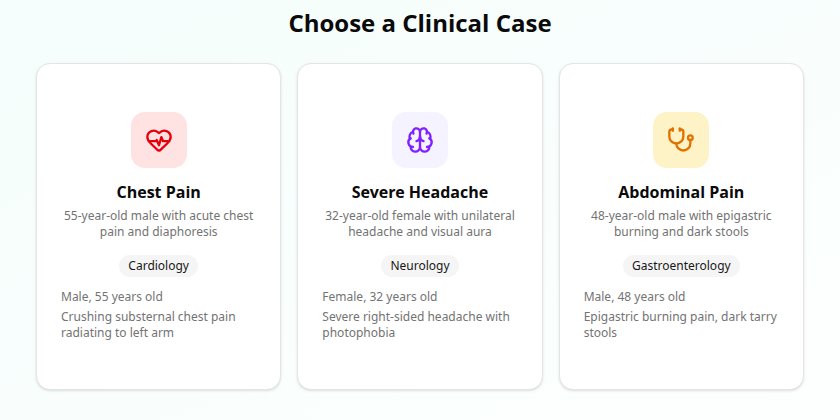 VARGATES Medical demo page: three clinical cases to choose from — chest pain, severe headache and abdominal pain