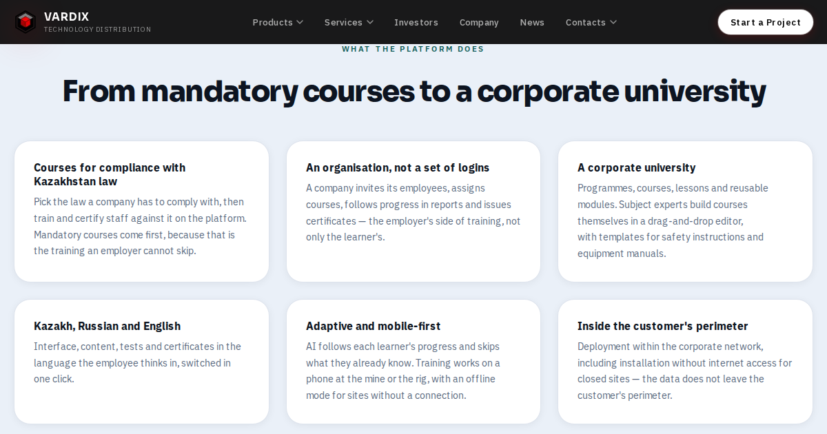 What KNOWIKA does, from the product page on vardix.com: compliance courses, an organisation that assigns and reports, templates for safety instructions, three languages, offline mode, deployment inside the customer's perimeter