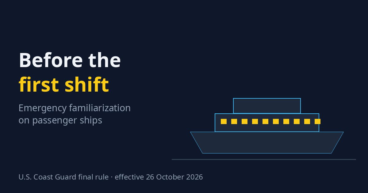 Title card: Before the first shift — emergency familiarization on passenger ships, with a simple line drawing of a passenger ship.