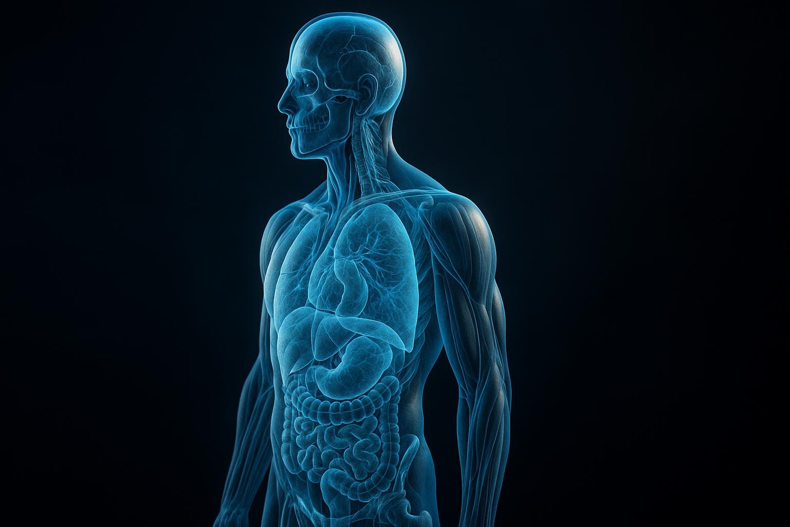 Translucent blue 3D anatomical figure showing the organs of the chest and abdomen, from our Medical 3D Films page.