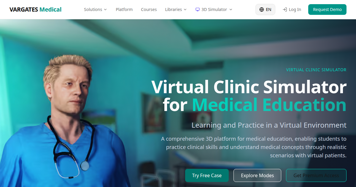 The opening screen of VARGATES Medical at medical.vargates.com: a virtual clinic simulator in which students practise with virtual patients.