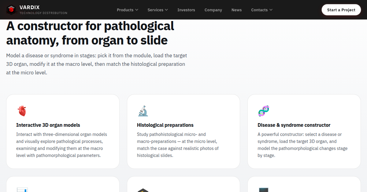 The Pathology3D page on vardix.com: a constructor for pathological anatomy, from organ to slide