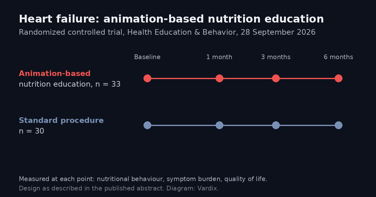 Diagram of the trial design: 33 patients in the animation-based nutrition education arm and 30 in the standard procedure arm, each measured at baseline, one, three and six months.