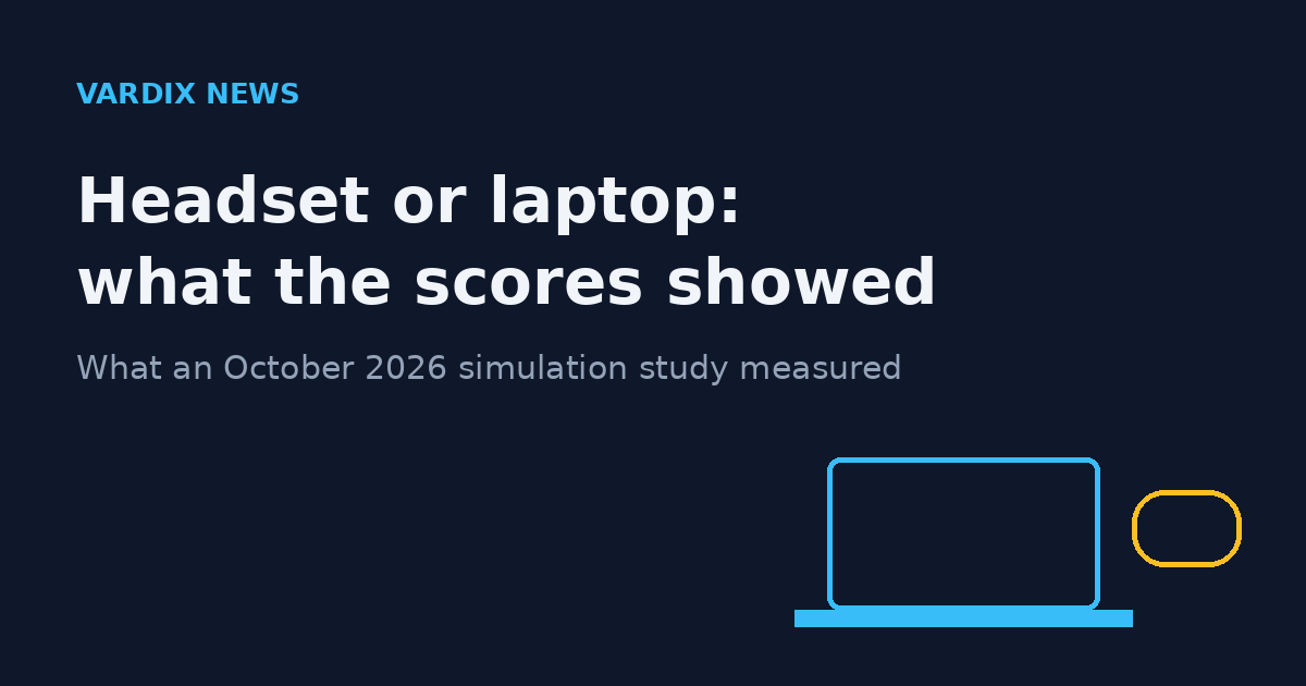 Title card: Headset or laptop — what the scores showed, with a simple drawing of a laptop beside a VR headset.