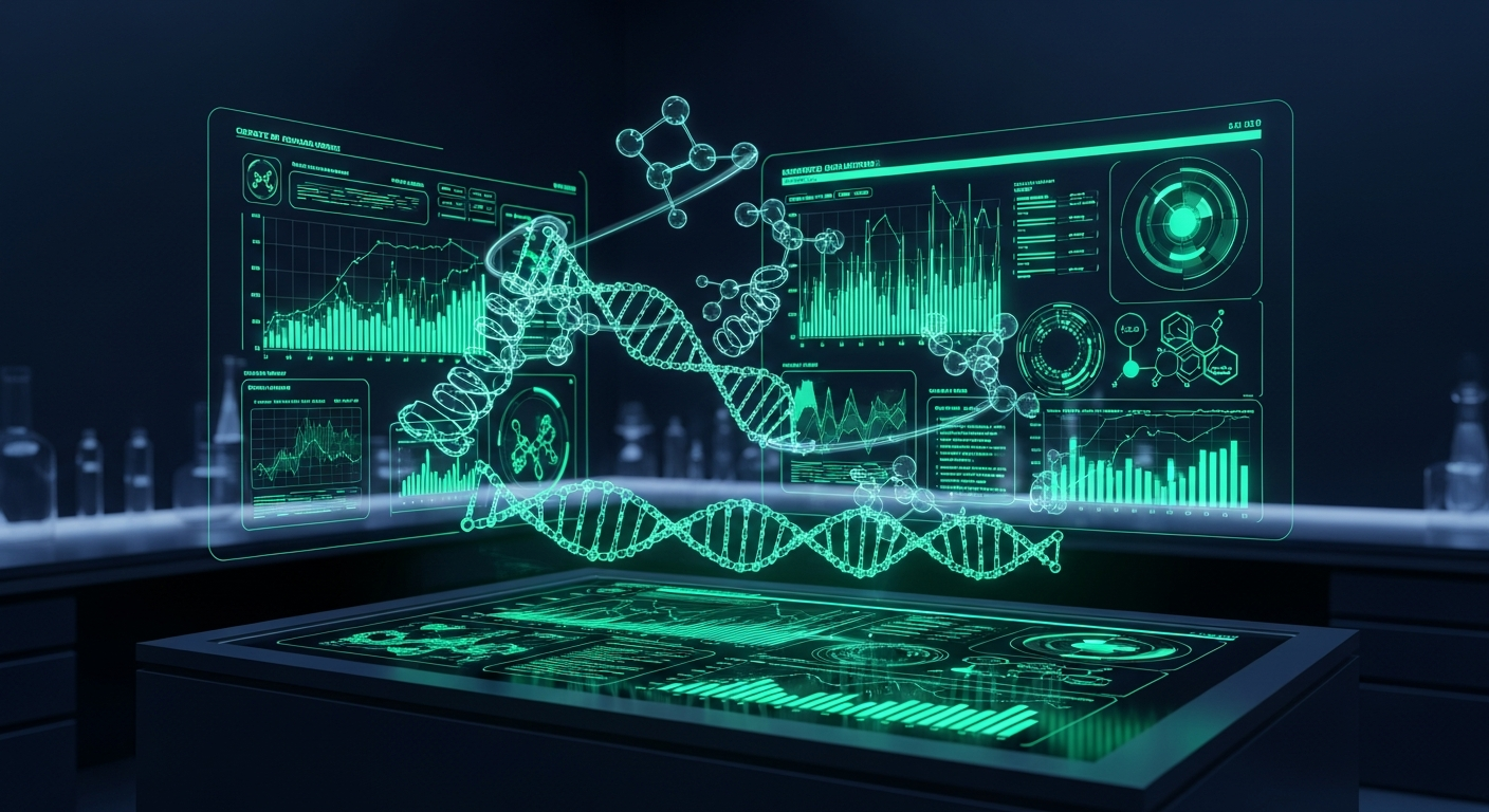 Illustration of biomarker charts and data panels around a DNA double helix