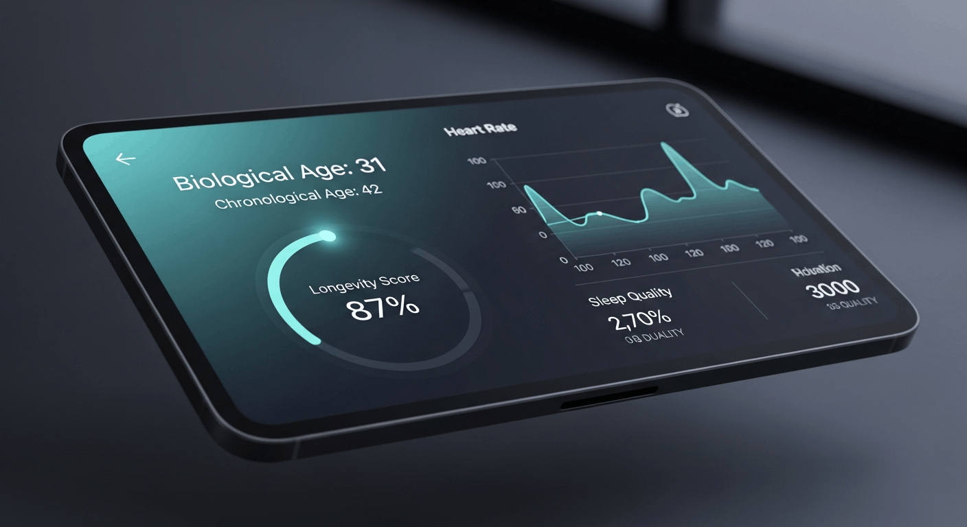 Illustration of a Lonevi-style health dashboard on a tablet: biological age, a longevity score and a heart-rate chart